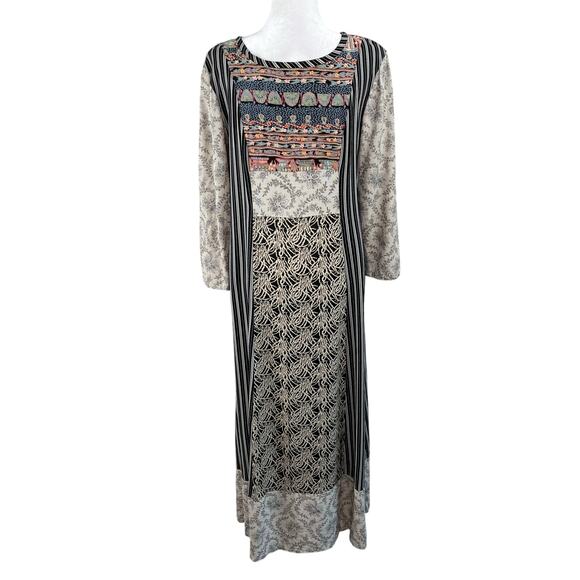 Black Stripe Floral Mixed Print 3/4 Sleeve Eclectic Boho Maxi Shift Dress Medium - Picture 2 of 14
